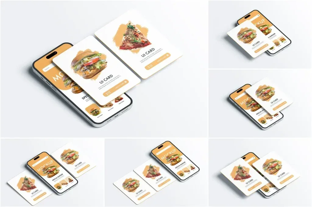 PSD Mockup Phone Screen UI, Phone screen mockup with floating food UI cards on a light background