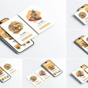 PSD Mockup Phone Screen UI, Phone screen mockup with floating food UI cards on a light background