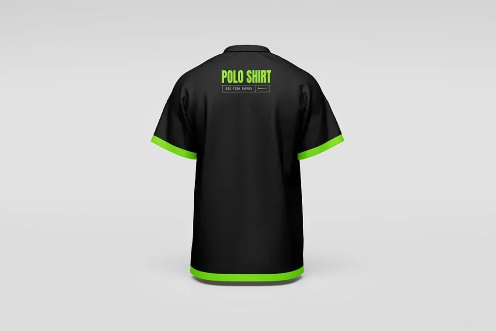PSD Mockup Polo Shirt Design, Black polo shirt with green trim on sleeves and hem, back view