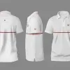 PSD Mockup Polo Shirt for Apparel, White polo shirt mockup shown from back, side, and front with a red stripe