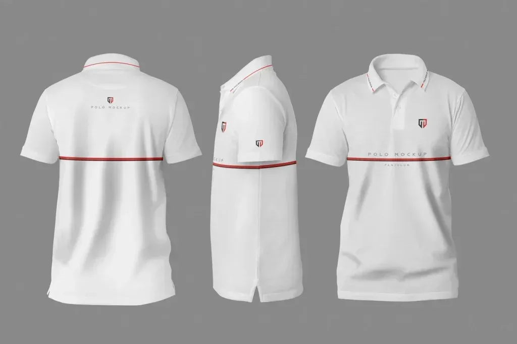 PSD Mockup Polo Shirt for Apparel, White polo shirt mockup shown from back, side, and front with a red stripe