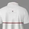 PSD Mockup Polo Shirt for Apparel, White polo shirt mockup with red trim on the collar and a red stripe across the back