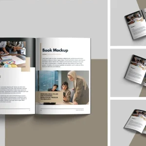 PSD Mockup Realistic Book Branding, Open realistic book mockup showing a chapter with images of people collaborating and…