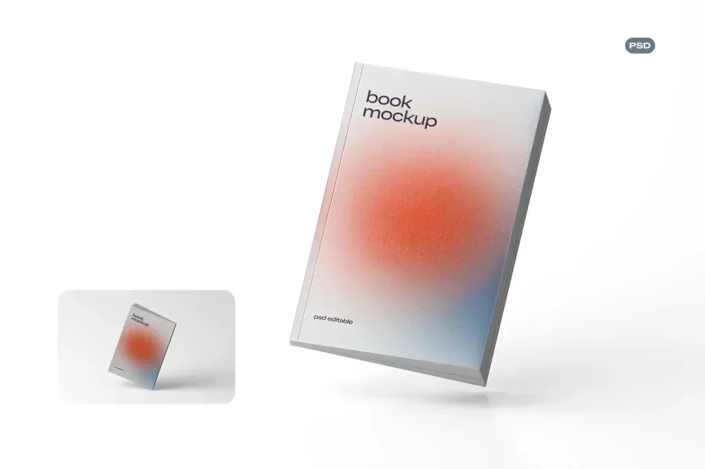 PSD Mockup Realistic Book for Branding, Floating book mockup with a soft orange and blue gradient cover on a white background