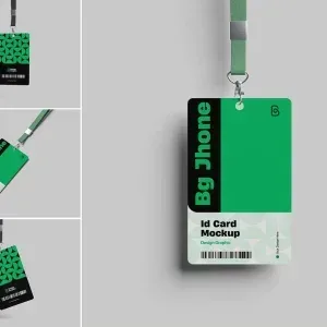 PSD Mockup Realistic ID Card, Green and black ID card badge hanging from a lanyard on a gray background
