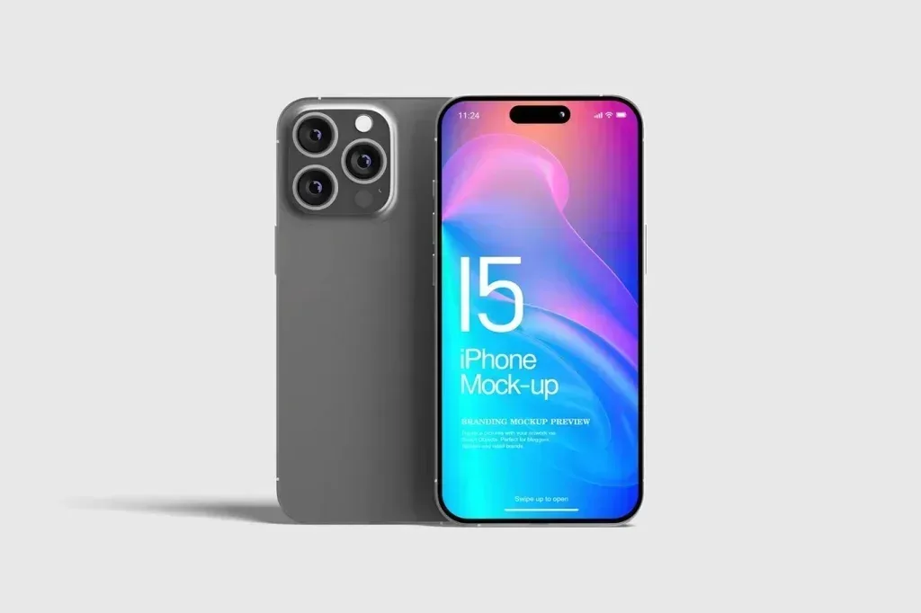 PSD Mockup Realistic iPhone 16, Dark gray iPhone mockup shown front and back on a clean light background.