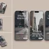 PSD Mockup Realistic iPhone Pro, Three iPhone mockups on a beige background, each showing a city street scene