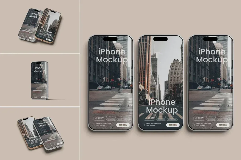 PSD Mockup Realistic iPhone Pro, Three iPhone mockups on a beige background, each showing a city street scene