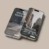 PSD Mockup Realistic iPhone Pro, Two iPhone Pro mockups overlapping on a beige background with city street screens
