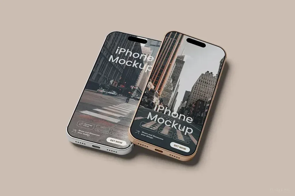 PSD Mockup Realistic iPhone Pro, Two iPhone Pro mockups overlapping on a beige background with city street screens
