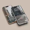 PSD Mockup Realistic iPhone Pro, Two angled iPhone mockups with city street screens on a beige background