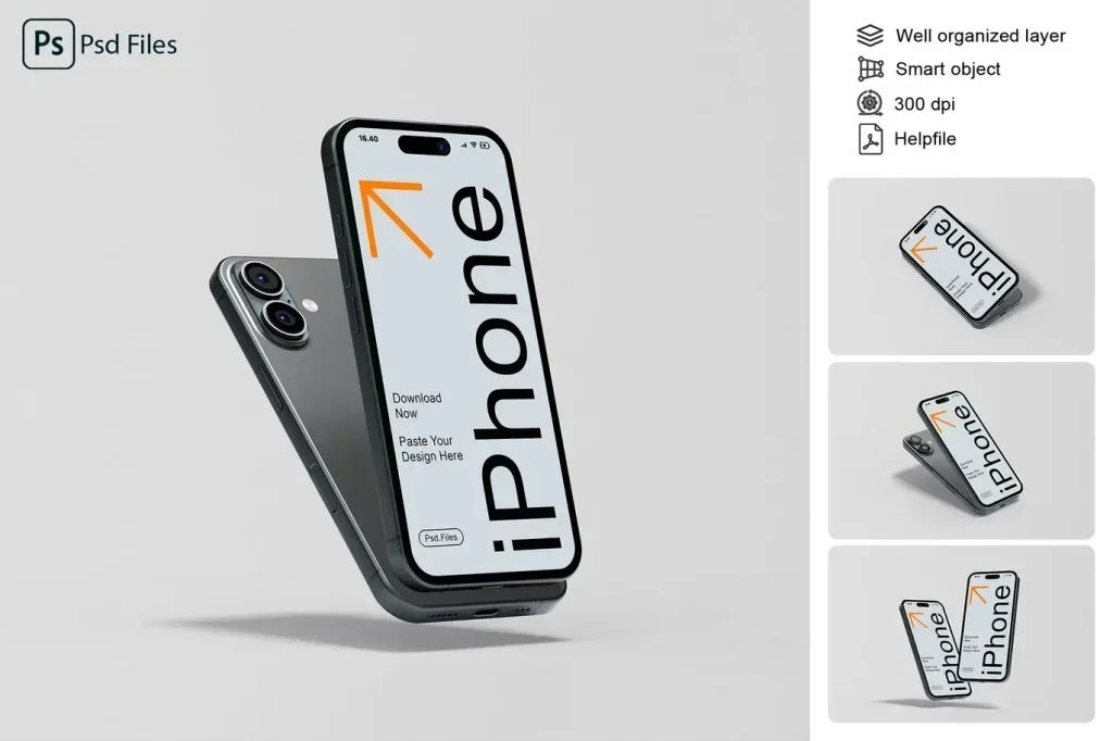 PSD Mockup Realistic iPhone Set, Two angled iPhones with a blank screen mockup and dual camera back