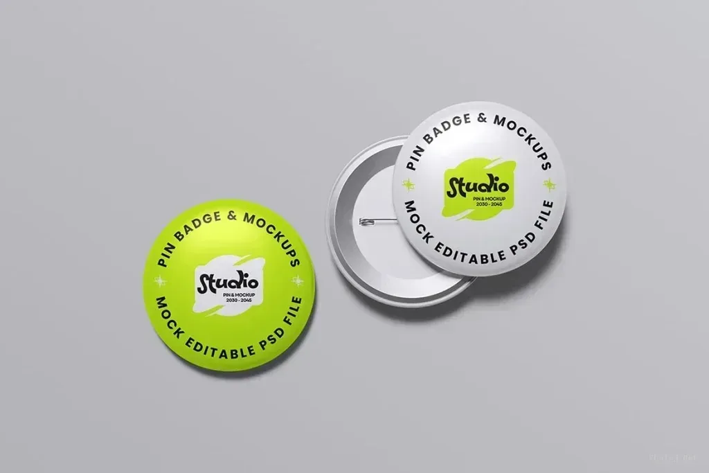 PSD Mockup Realistic Pin Badge, Two round pin badges with studio logo on gray background