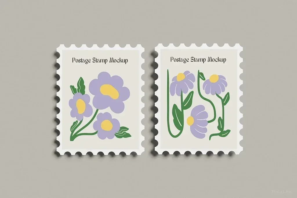 PSD Mockup Realistic Postage Stamp, Two postage stamps with purple and yellow flower illustrations on a gray background