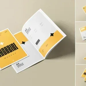 PSD Mockup Saddle Stitch Magazine, Open and closed saddle stitch magazines with yellow and white cover design on beige…