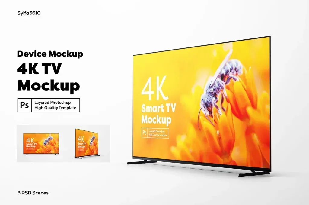 PSD Mockup Smart TV in Modern, 4K smart TV mockup on a white background with a yellow flower screen
