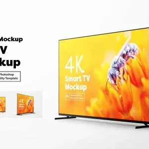 PSD Mockup Smart TV in Modern, 4K smart TV mockup on a white background with a yellow flower screen