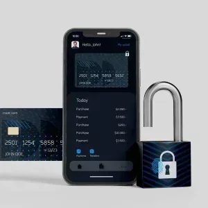 PSD Mockup Smartphone with Credit, Smartphone with a credit card interface, a card behind it, and a padlock cube