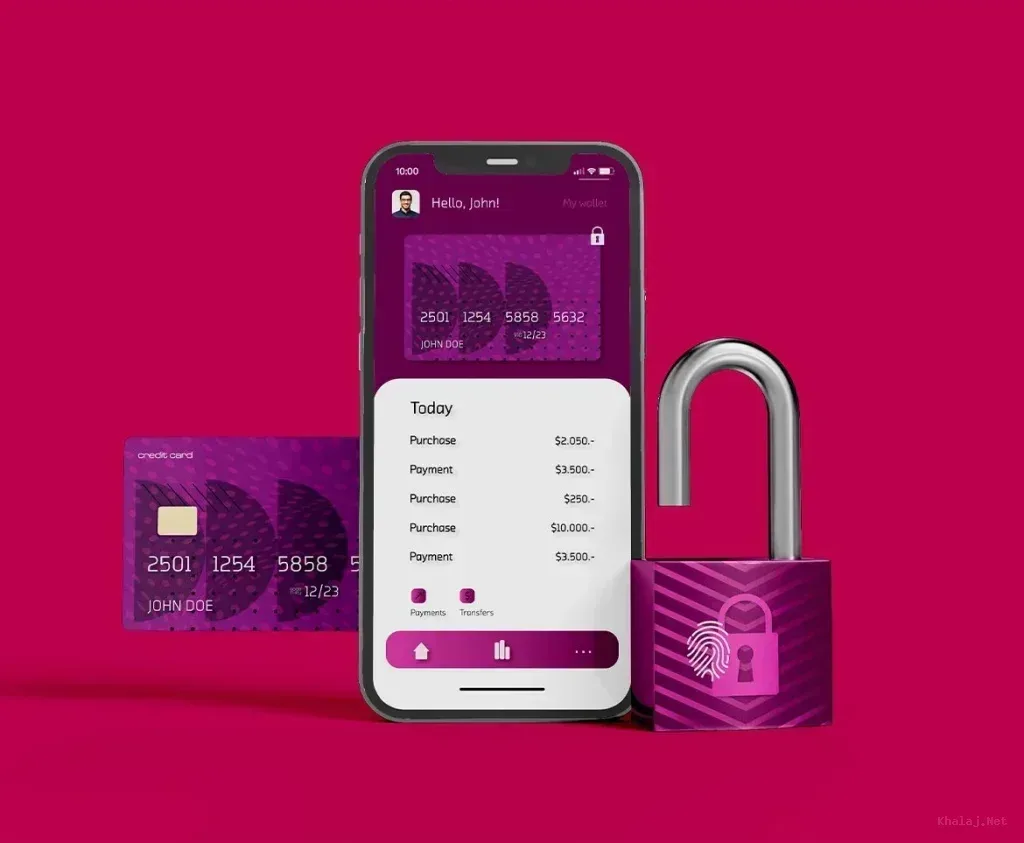 PSD Mockup Smartphone with Credit, Smartphone wallet screen beside a credit card and an open padlock