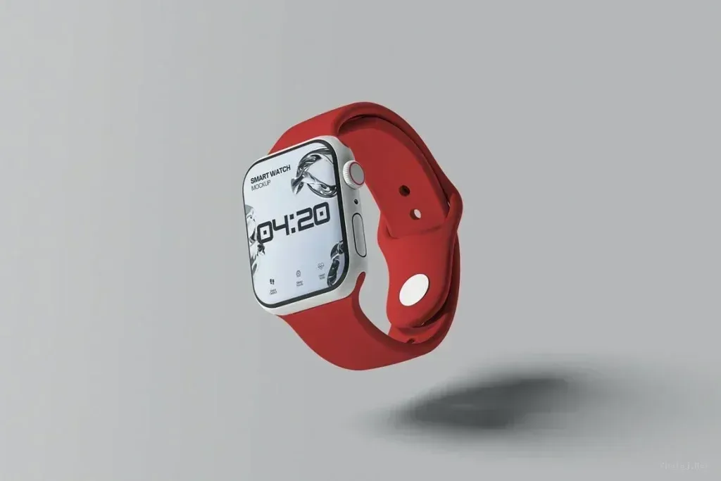 PSD Mockup Smartwatch Screen Set, Red smartwatch mockup with a square screen on a light gray background