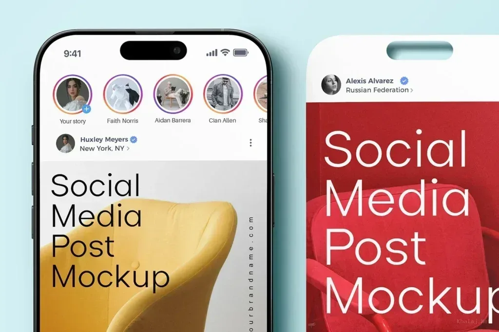 PSD Mockup Social Media Post, Smartphone and card showing social media post mockups with yellow and red chairs