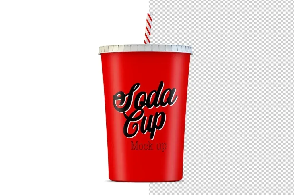 موکاپ PSD لیوان نوشابه با پس‌زمینه قابل ویرایش
