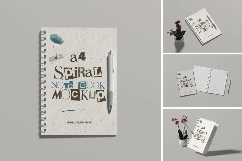 PSD Mockup Spiral Notebook, Spiral notebook mockup with pen and potted orchid on a gray background