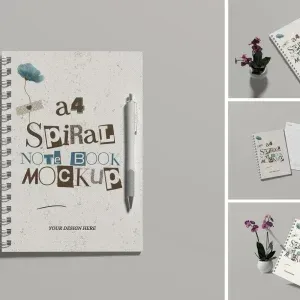 PSD Mockup Spiral Notebook, Spiral notebook mockup with pen and potted orchid on a gray background