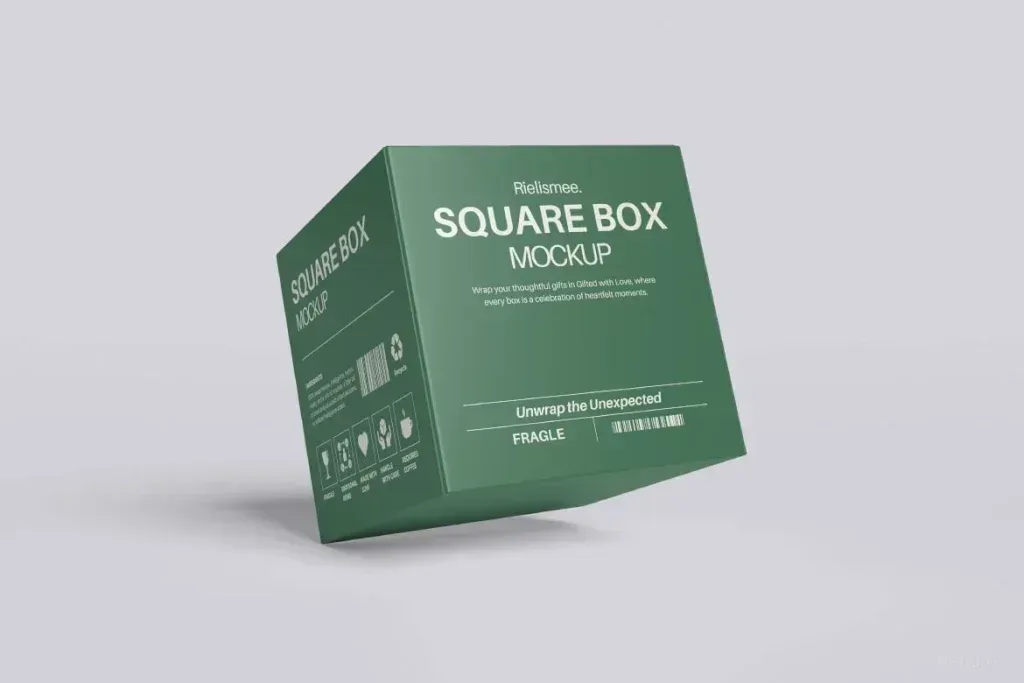 PSD Mockup Square Box Packaging, Green square box mockup with printed packaging details on a light gray background