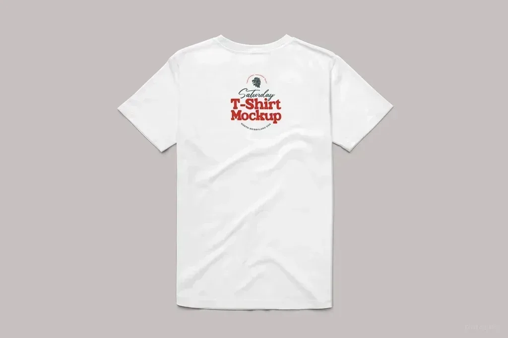 PSD Mockup T Shirt Apparel, White T-shirt with red and black text design on the back