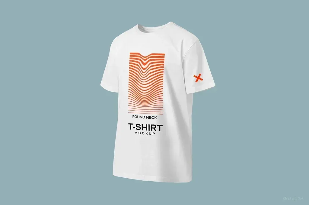 PSD Mockup T Shirt for Clothing, White round neck T shirt with orange graphic on a blue background