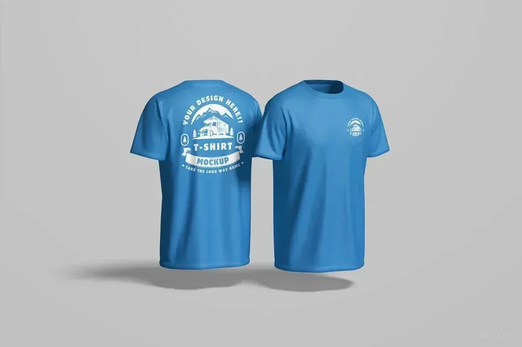 PSD Mockup T Shirt for Studio, Blue T shirt mockup shown front and back on a plain gray background