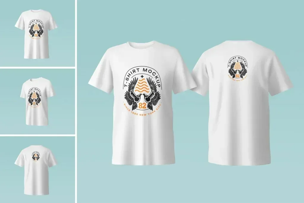PSD Mockup T Shirt on Model, White T shirt mockup shown front and back on a light blue background.