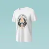 PSD Mockup T Shirt on Model, White front-view T-shirt with a winged circular graphic on a light blue background