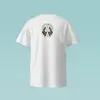 PSD Mockup T Shirt on Model, White T shirt back view with a small graphic on the upper back against a blue background