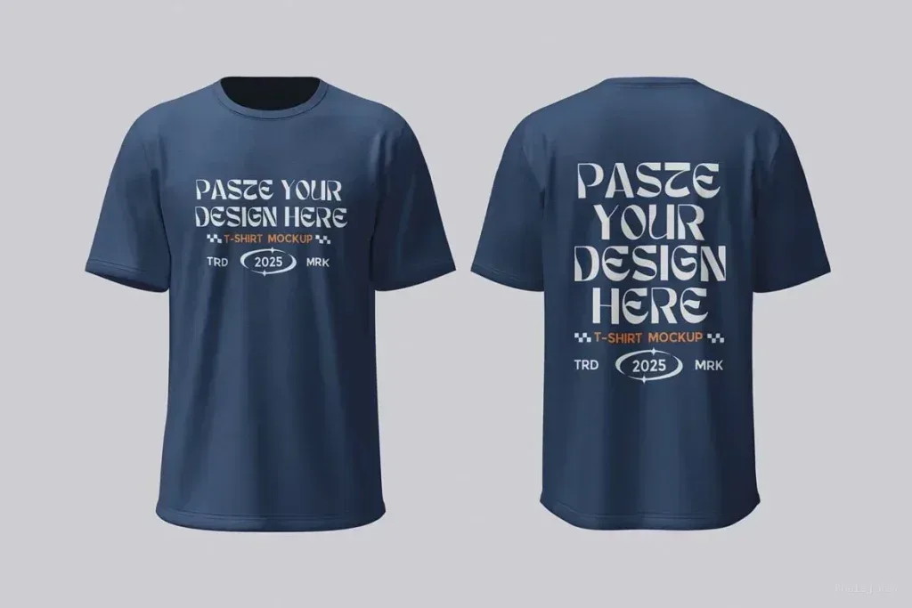 PSD Mockup T Shirt with Customizable, Front and back navy T-shirt mockup with placeholder design text on a light gray…