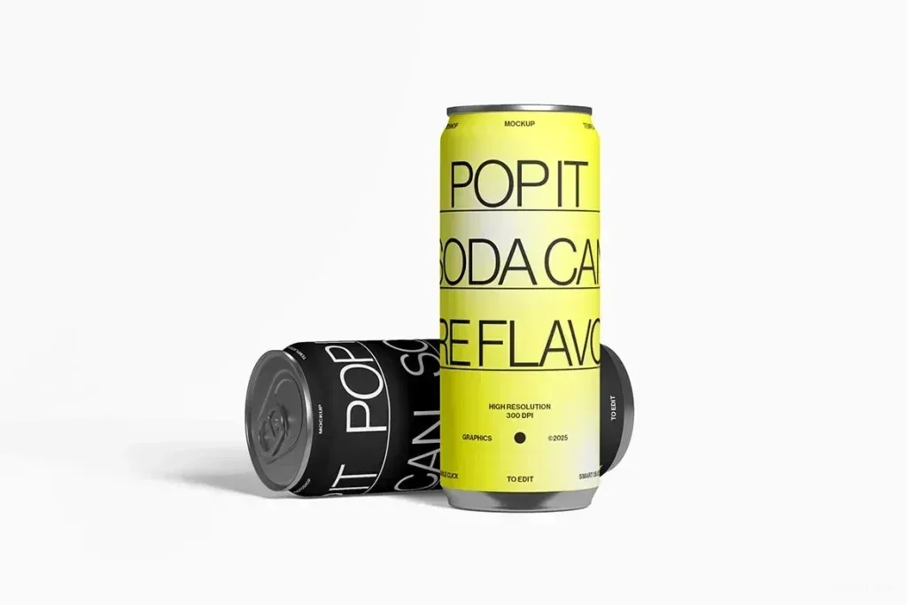PSD Mockup Tall Soda Can, Two tall soda cans with modern typography design, one yellow and one black