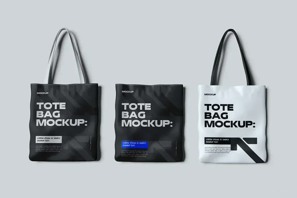PSD Mockup Tote Bag for Branding, Three tote bags mockup on a light gray background, in black and white variations.
