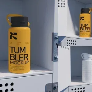 Tumbler Bottle on Locker Scene Mockup PSD Tumbler Bottle on Locker Scene Mockup PSD