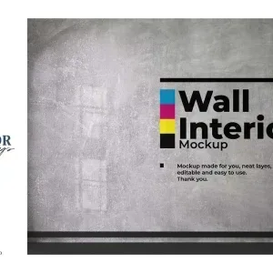 PSD Mockup Wall Interior 2 Views, Concrete wall interior with graphic design and small plant on floor