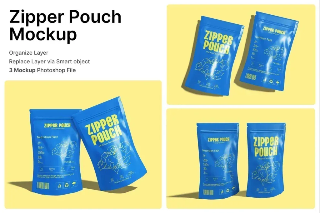 PSD Mockup Zipper Pouch Packaging Showcase Set