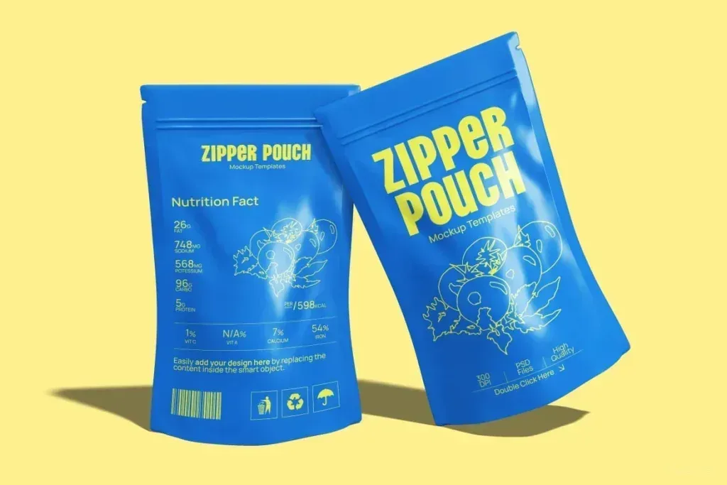 PSD Mockup Zipper Pouch Packaging, Two blue zipper pouch packaging mockups on a pale yellow background