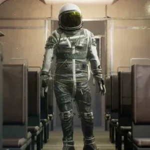 Astronaut in Sci Fi Train Car Shrugs Stock Footage Astronaut in Sci Fi Train Car Shrugs Stock Footage