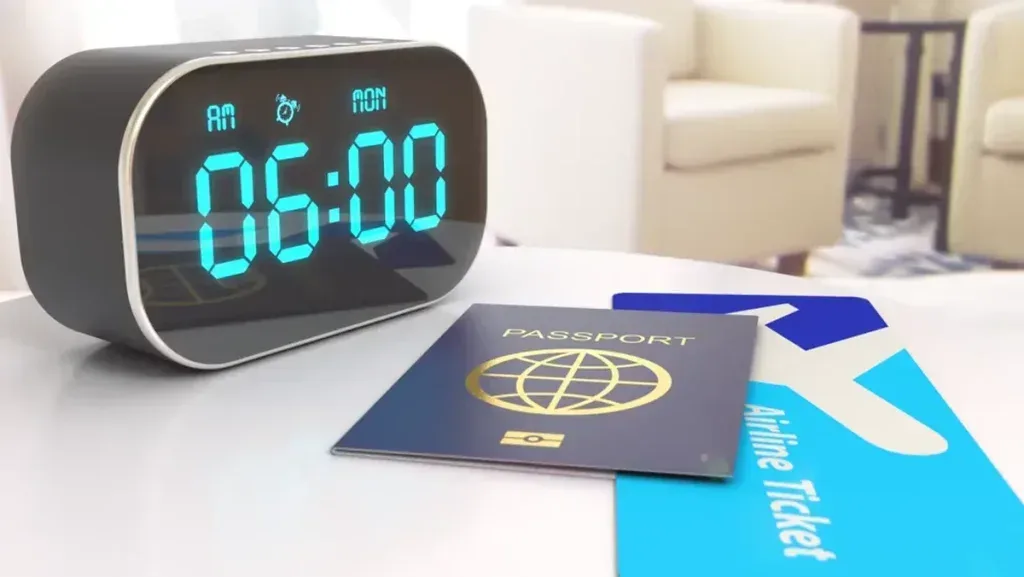 فوتیج ساعت زنگ‌دار ورزش در اتاق هتل با نور صبح