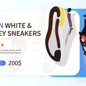 After Effects Project Commercial Product Promo, White and grey men's sneakers with yellow and red details