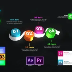 After Effects Project Infographic Lists Toolkit, Colorful infographic list elements with numbers and text on dark background