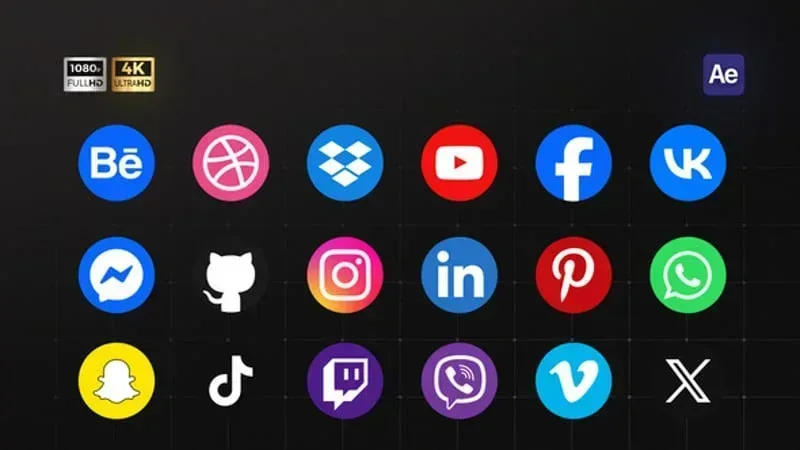 After Effects Project Animated Social Media Icons, Animated social media icons including YouTube, Facebook, Instagram…