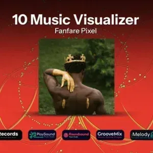 After Effects Project Music Visualizer Video, Abstract red background with golden circular patterns and a central image of…