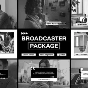 After Effects Project Broadcaster Package Video with Professional Video Frames After Effects Project Broadcaster Package Video, Collage of video frames showing professionals working and text overlays…