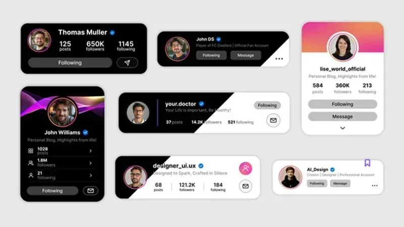 مشروع أفتر إفكت حزمة عناصر إنستغرام، عناصر واجهة مستخدم لملف إنستغرام مع عدد المتابعين والمنشورات في ثيمات فاتحة ومظلمة
